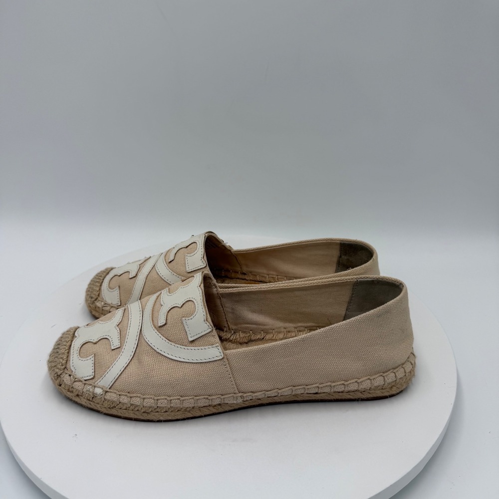 Tory Burch Poppy Espadrille Canvas Flats Beige White Logo 6M 41012